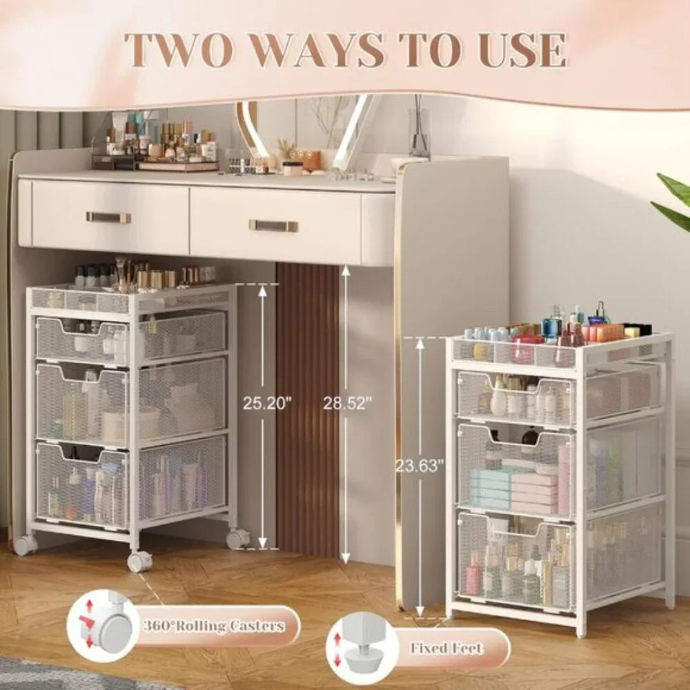 New Rolling Makeup Cart Organizer, 3-Drawer White Vanity Storage with Wheels